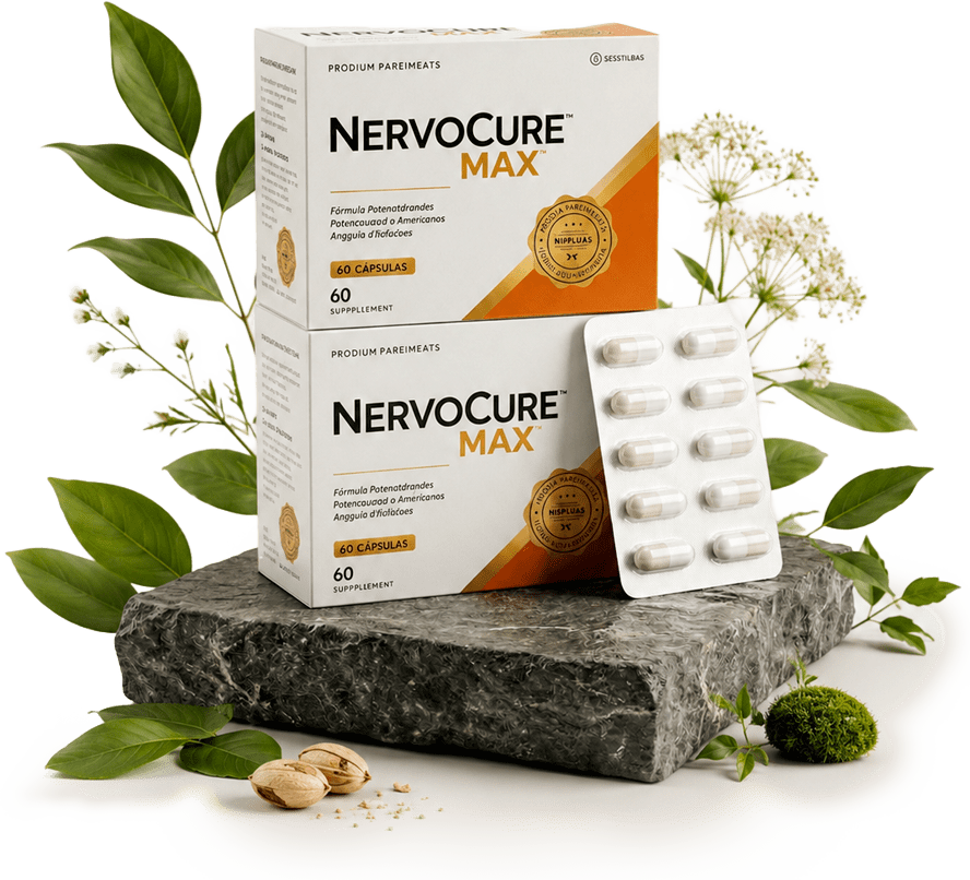 Apresentação do Nervocure Max com caixas e cápsulas